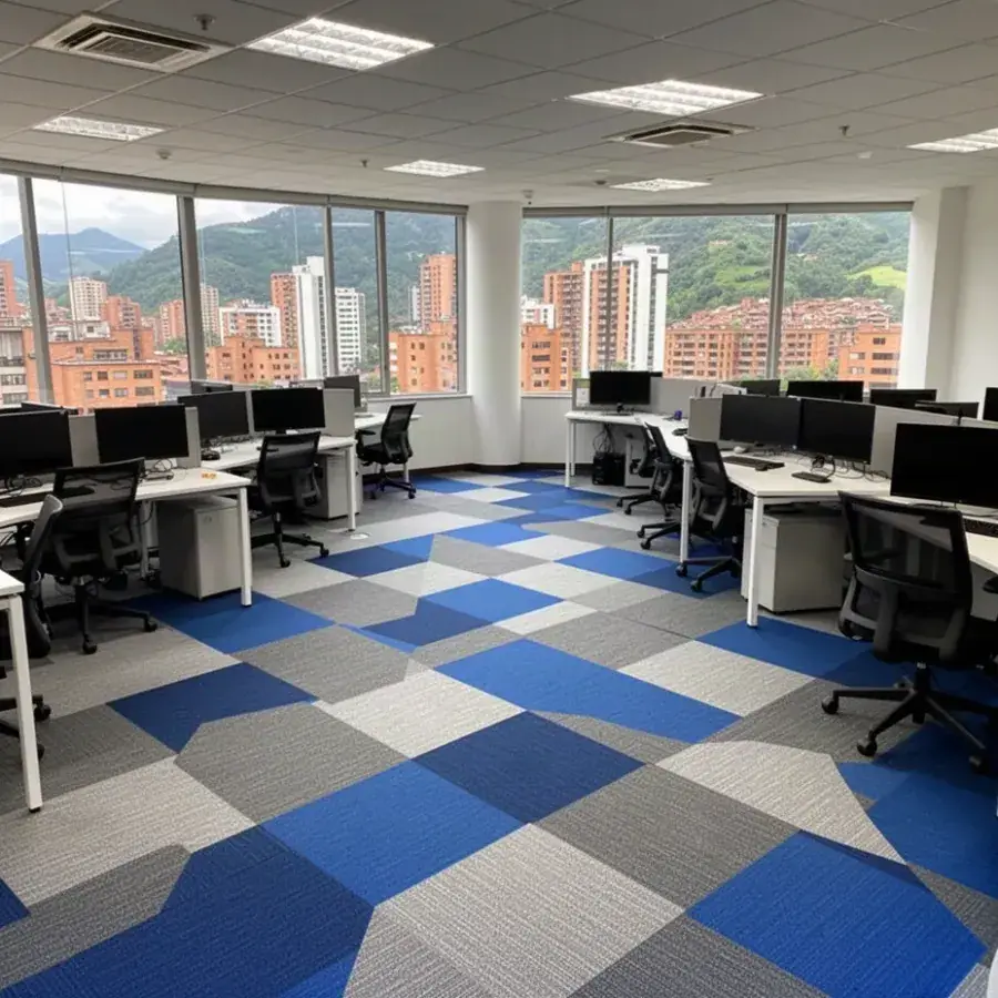 Alfombra modular azul y gris en oficina