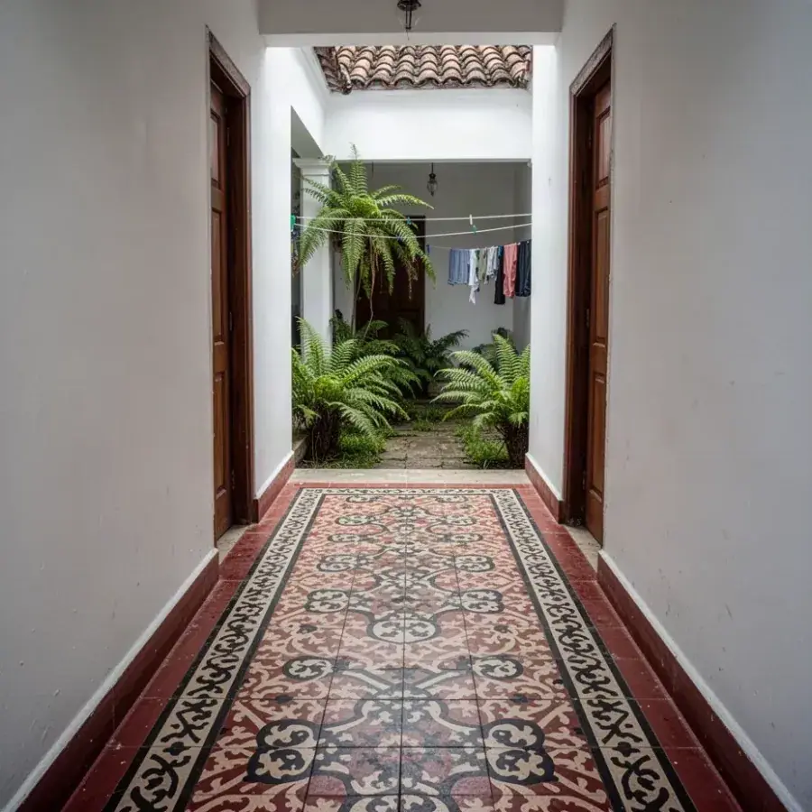 Baldosa de cemento restaurada en corredor de casa antigua