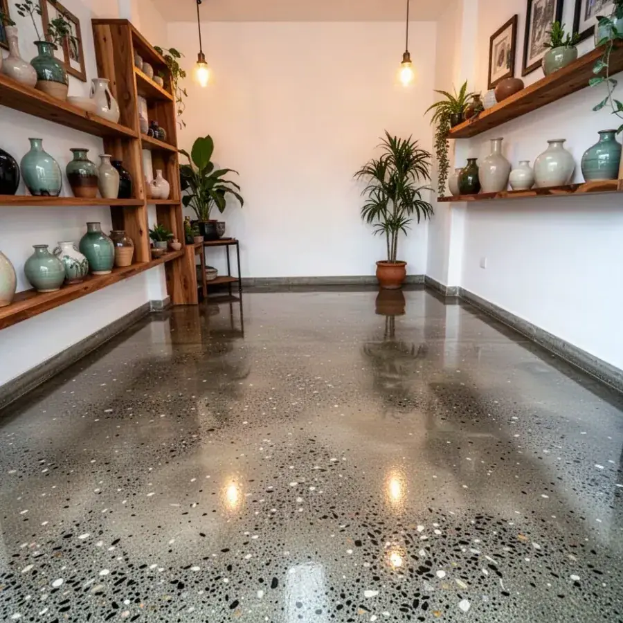 Concreto pulido con agregado expuesto en tienda de decoración