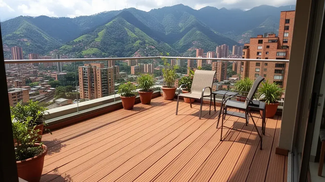 Deck WPC color teca en terraza con vista a montañas