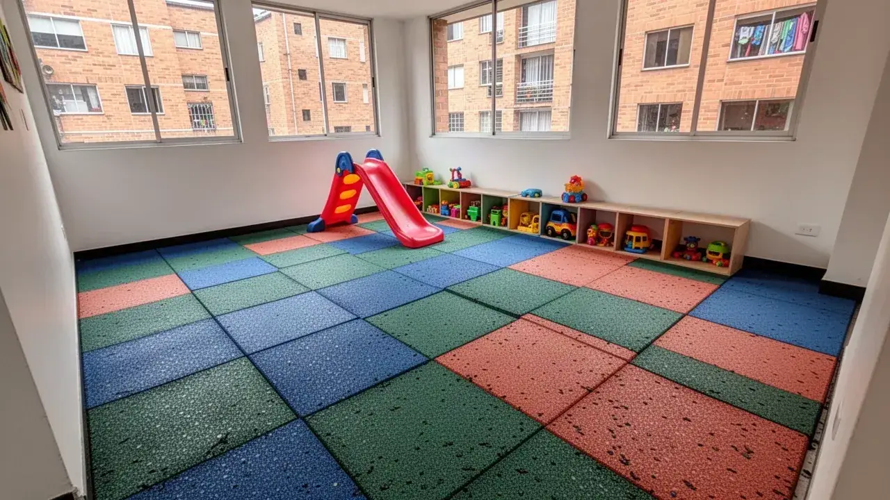 Losetas de caucho de colores en zona de juegos infantil