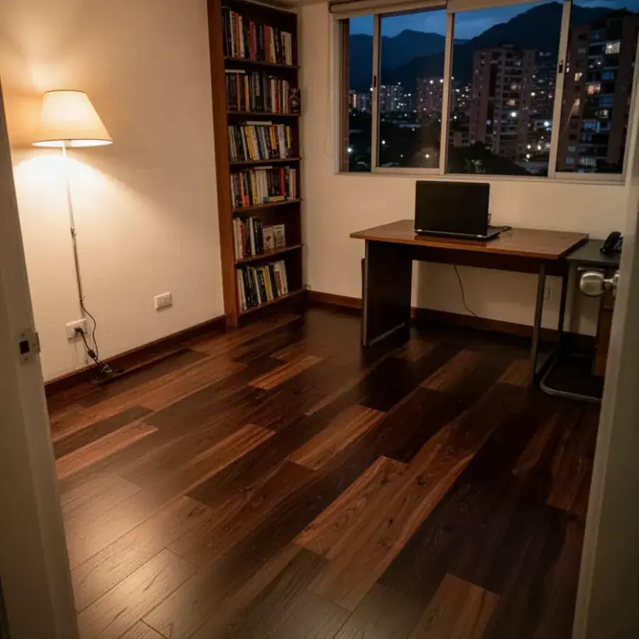 Madera de ingeniería tono nogal instalada en estudio