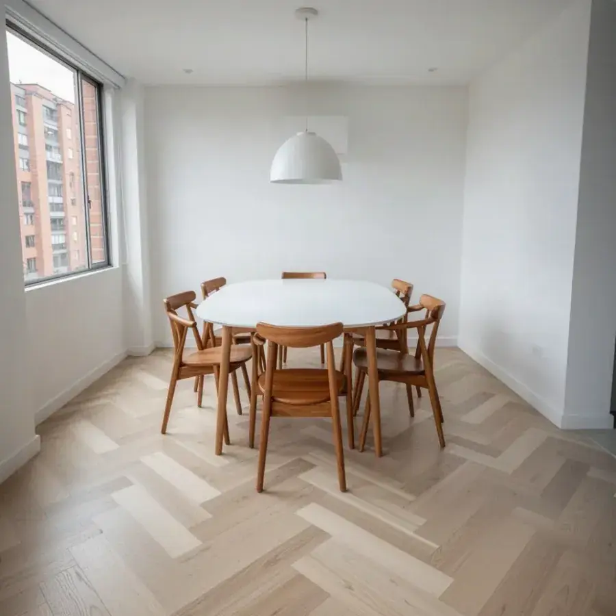 Piso chevron de madera clara en comedor de apartamento