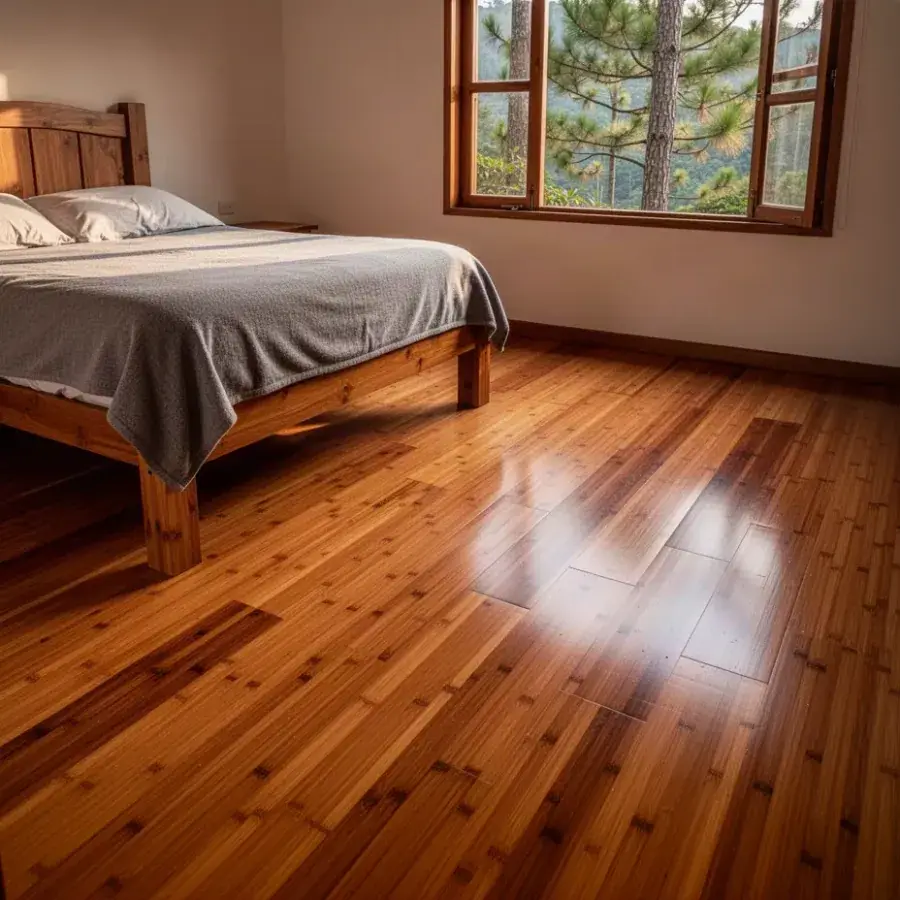 Piso de bambú carbonizado en alcoba de casa campestre