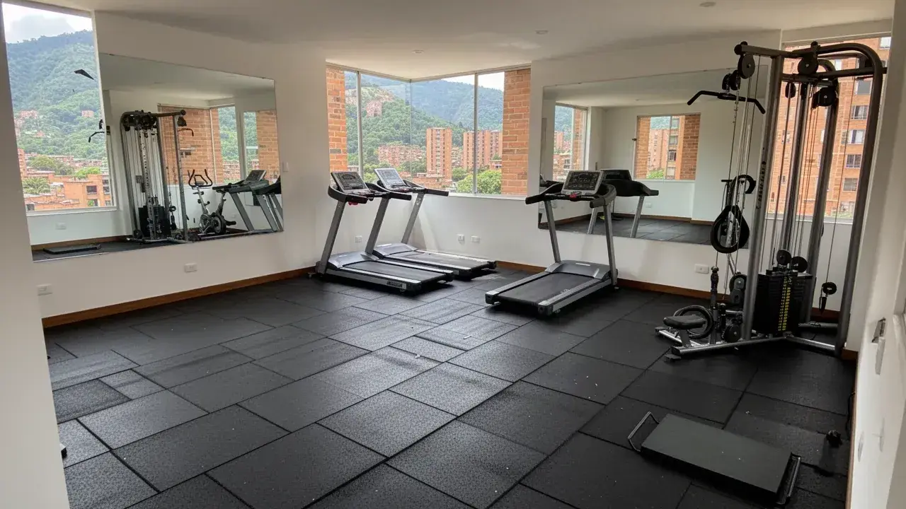 Piso de caucho negro en gimnasio de conjunto residencial