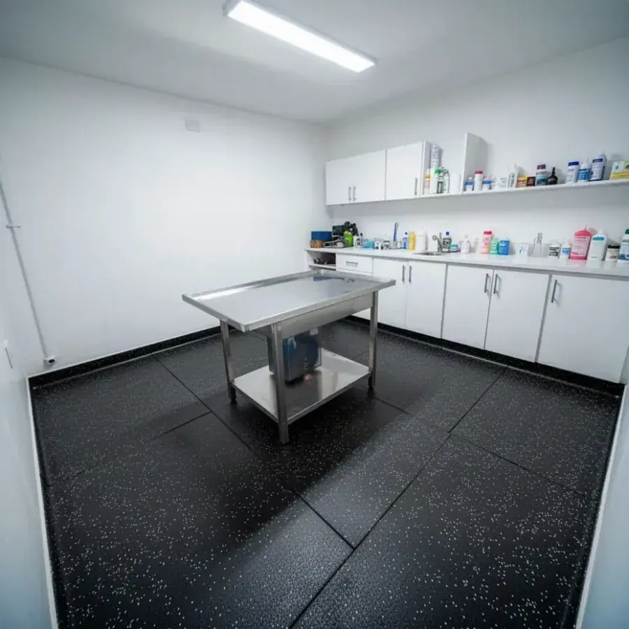 Piso de caucho negro moteado en clínica veterinaria