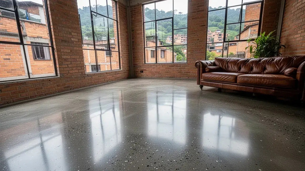 Piso de cemento pulido satinado en loft con ladrillo
