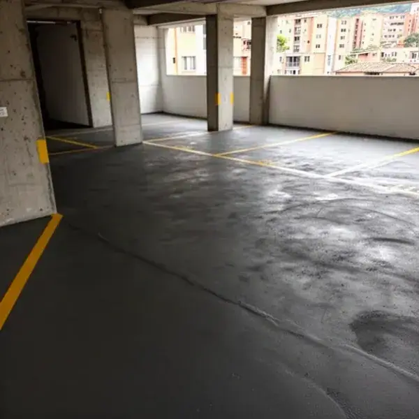 Piso de concreto endurecido gris oscuro en parqueadero