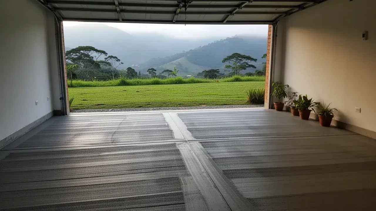 Piso de concreto escobillado en garaje de casa campestre