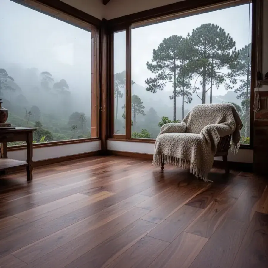 Piso de madera de ingeniería nogal en casa campestre