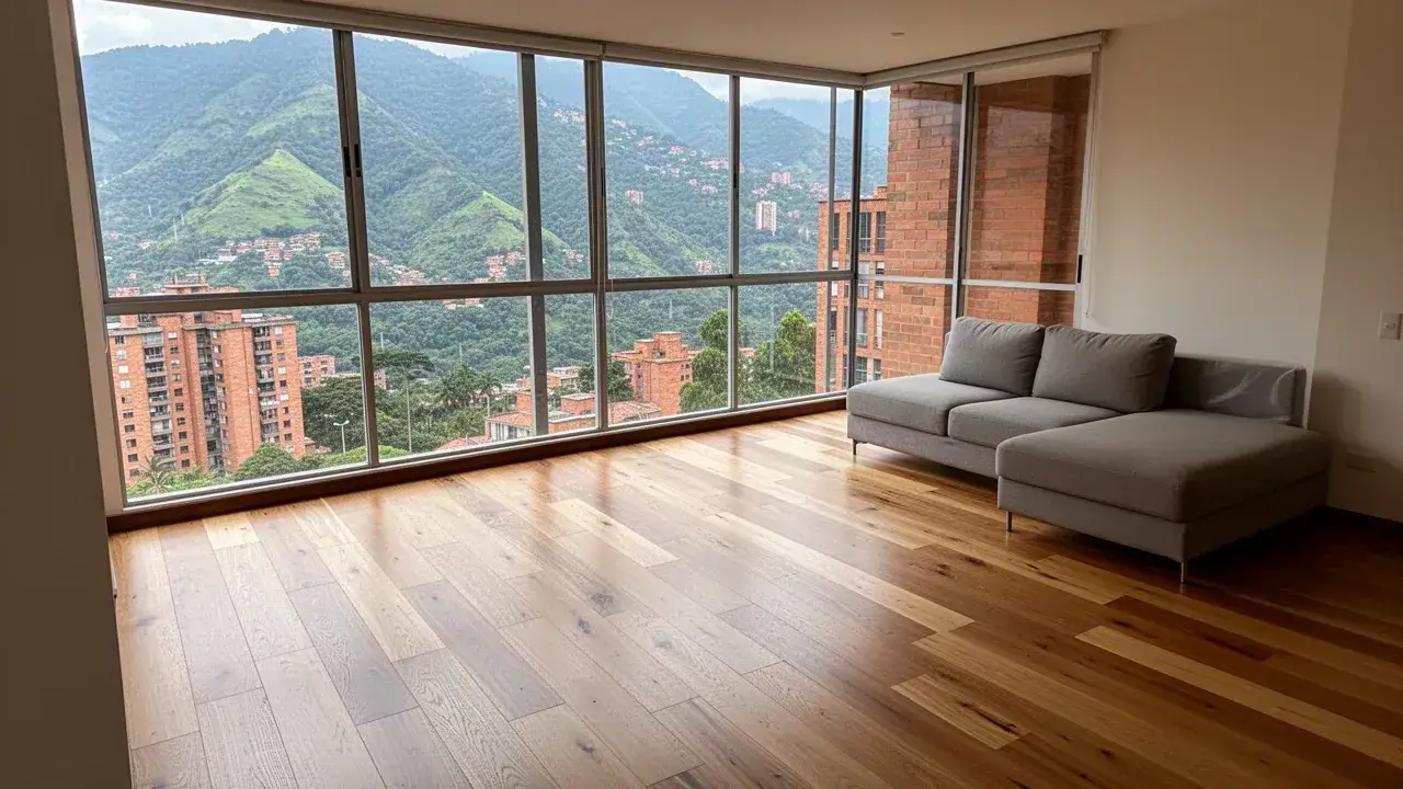 Piso de madera de ingeniería recién instalado en sala amplia