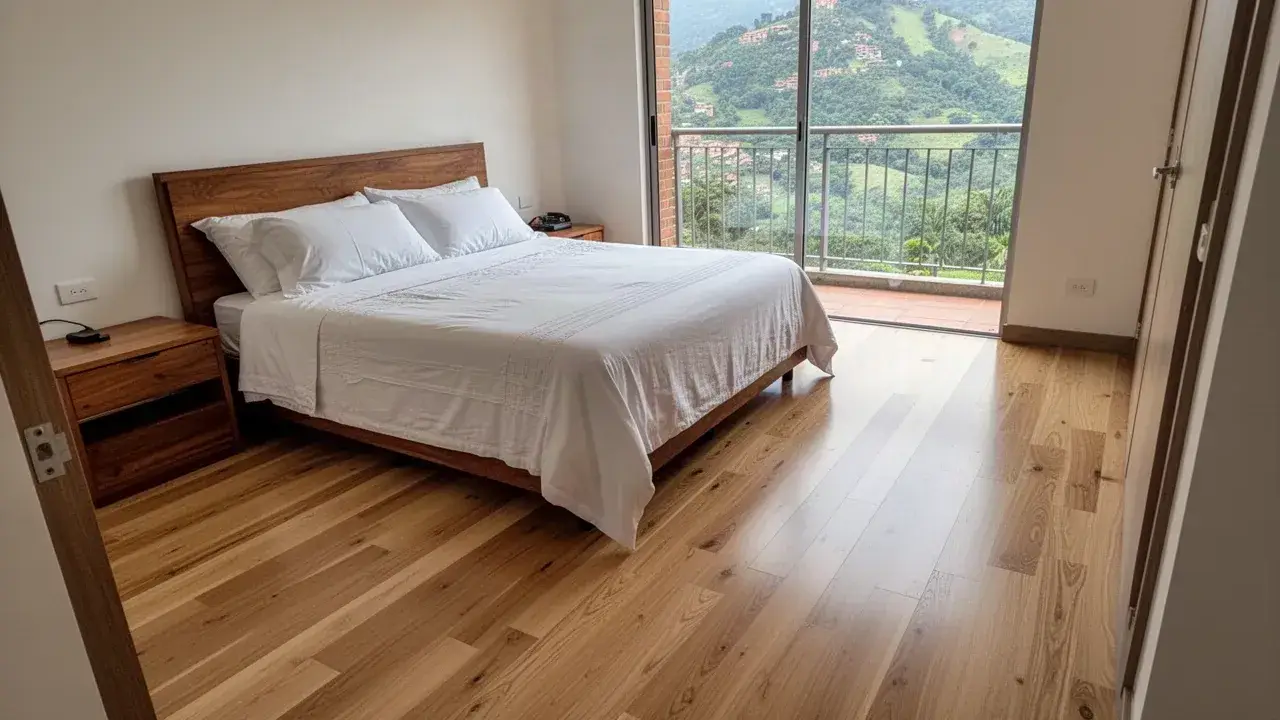 Piso de madera de ingeniería roble natural en alcoba