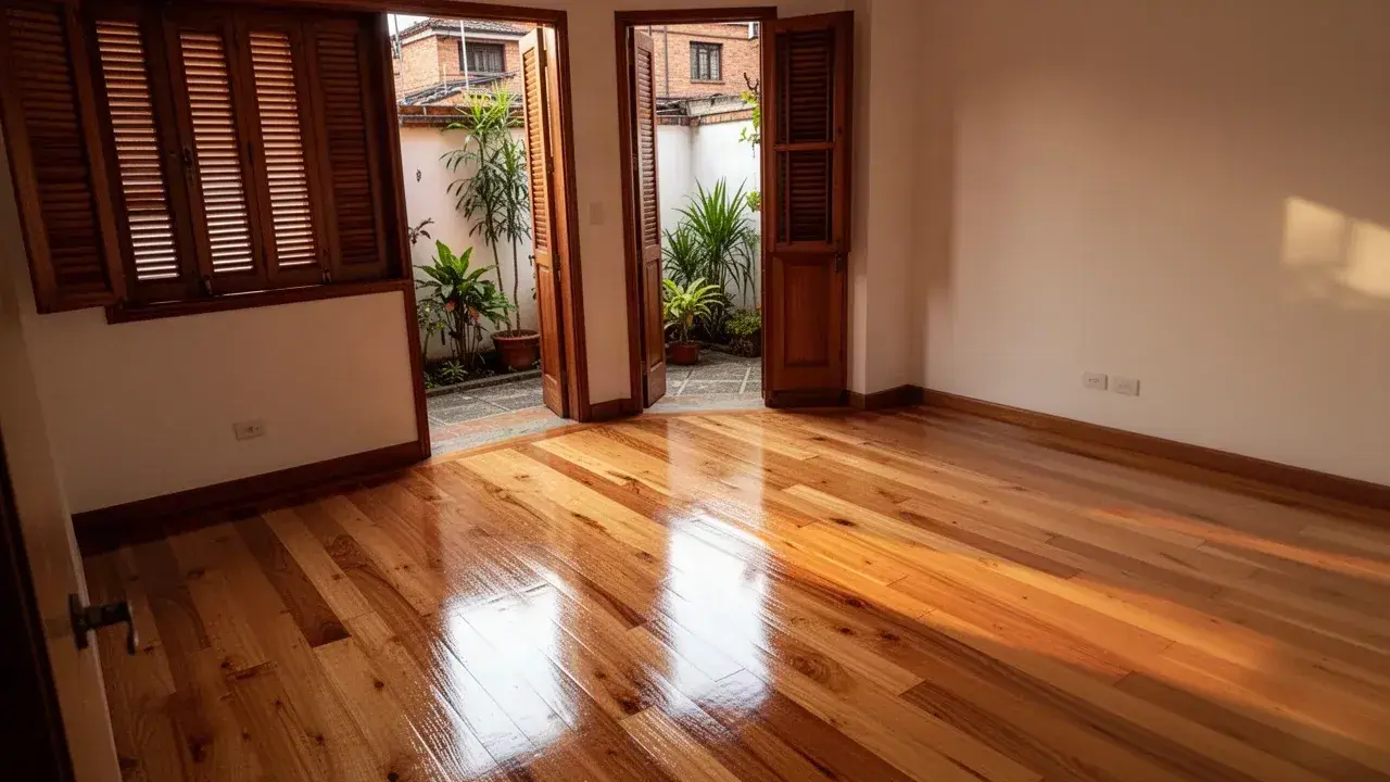 Piso de madera lijado y lacado en casa de Laureles