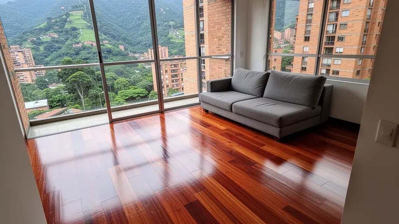 Piso de madera maciza en sapán lacado en sala
