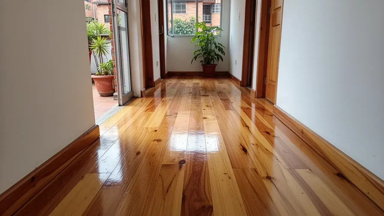 Piso de madera maciza lacado en corredor con patio