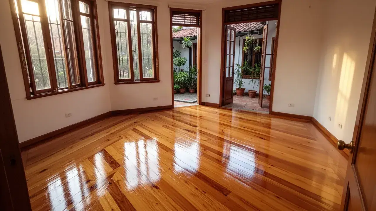 Piso de madera maciza recién lijado y lacado en sala