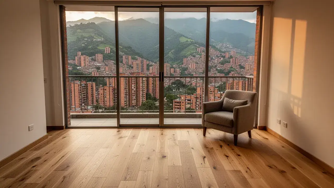 Piso de madera natural con vista al Valle de Aburrá