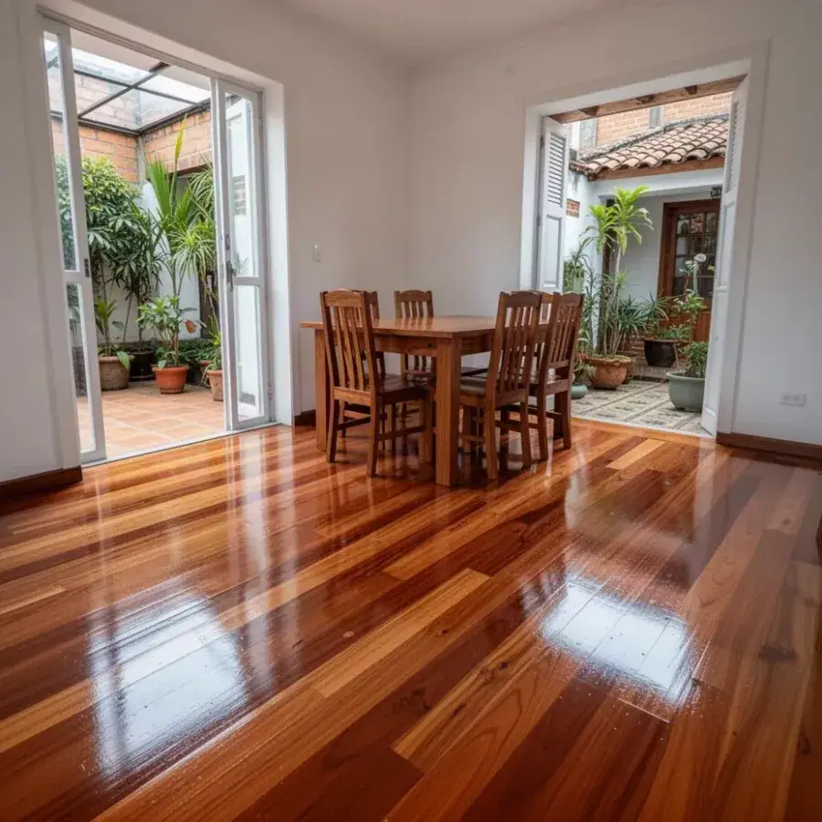 Piso de madera restaurado con laca brillante en comedor