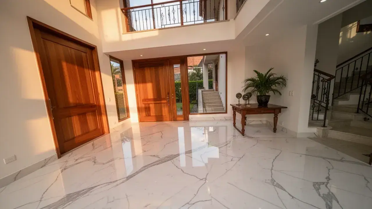 Piso de mármol blanco pulido en vestíbulo de casa