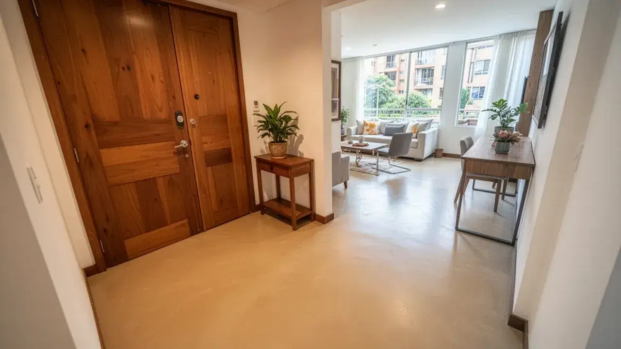 Piso de microcemento beige en recibidor de apartamento