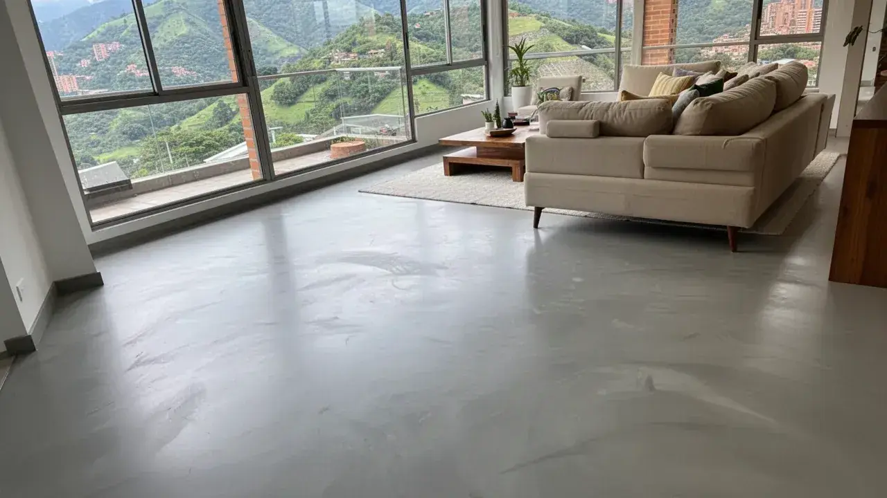 Piso de microcemento gris claro en sala de apartamento