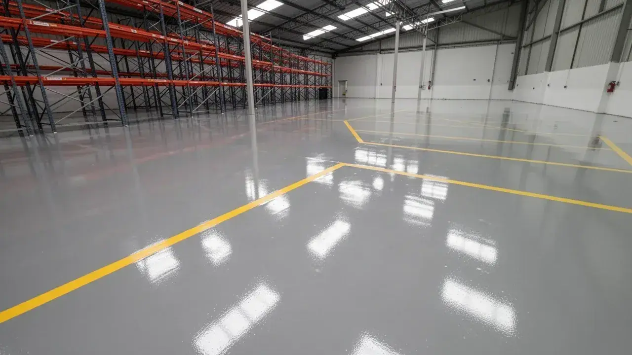 Piso epóxico gris autonivelante en bodega industrial