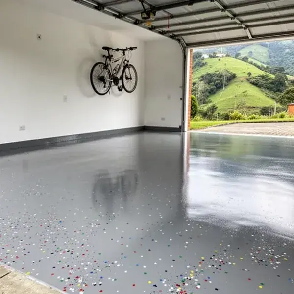 Piso epóxico gris con hojuelas en garaje residencial