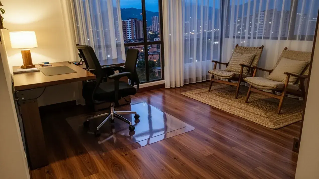 Piso laminado nogal con tapete protector bajo silla de escritorio