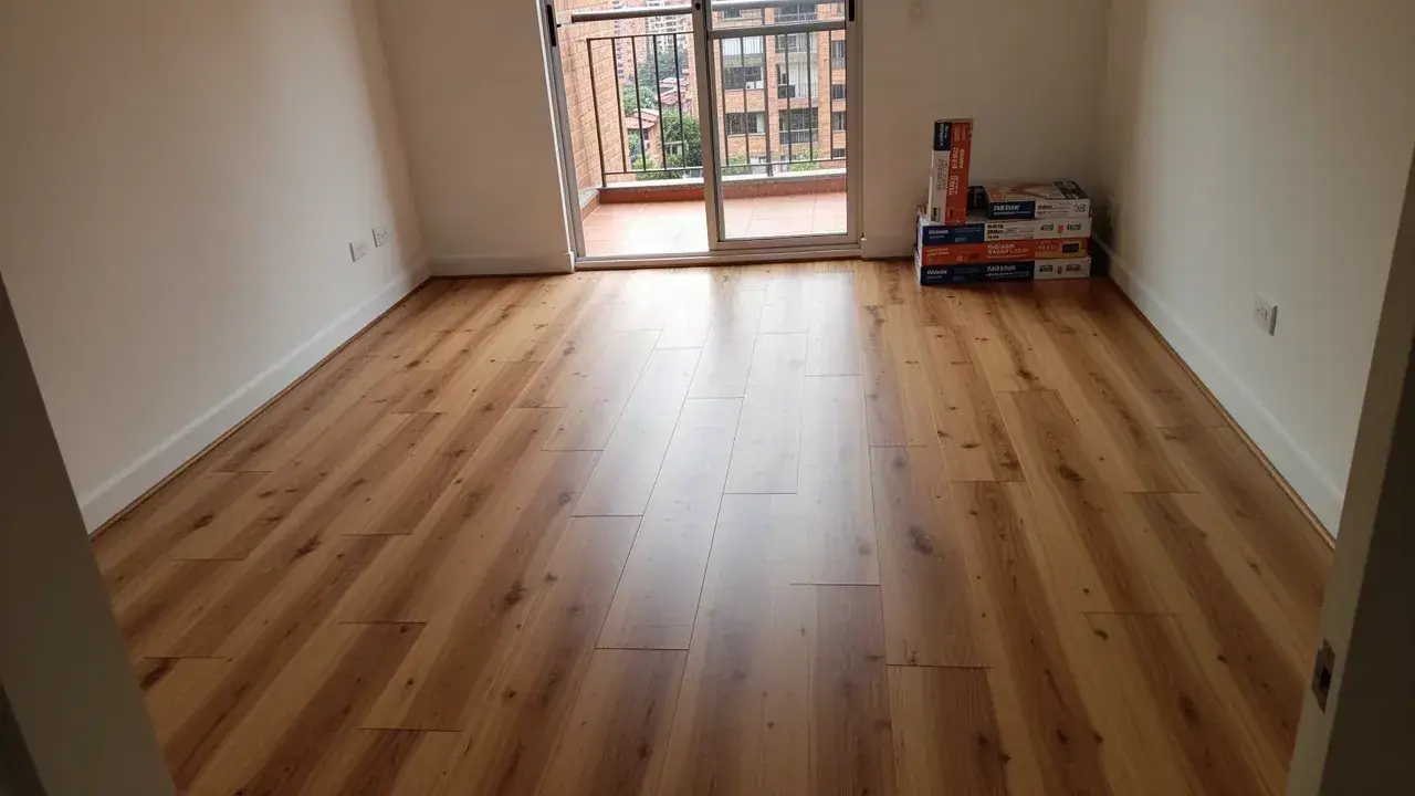 Piso laminado roble natural recién instalado en habitación vacía