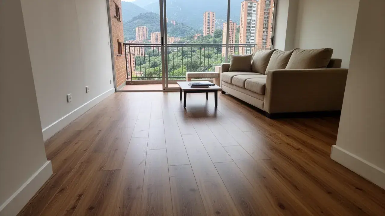 Piso laminado roble reparado en sala de apartamento