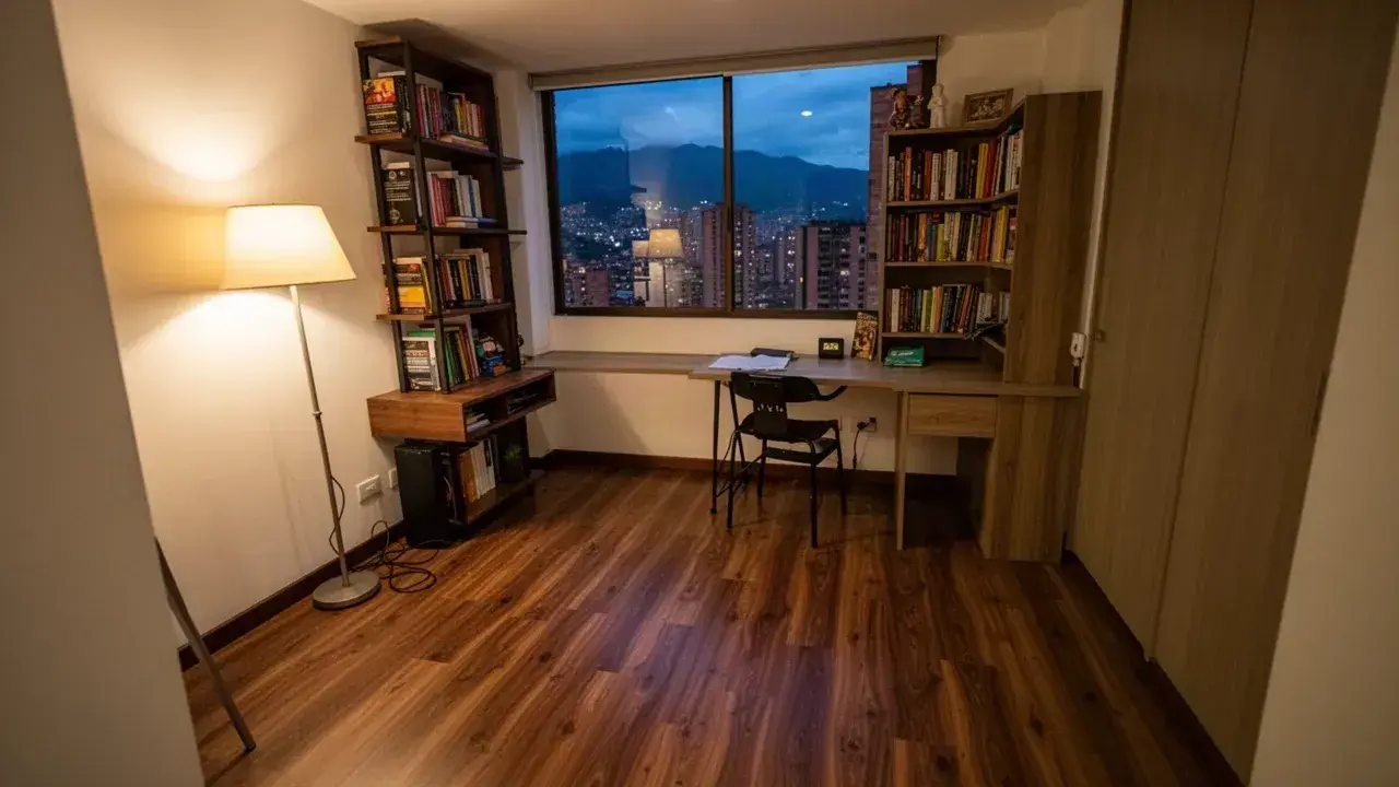 Piso laminado tono nogal recién instalado en estudio