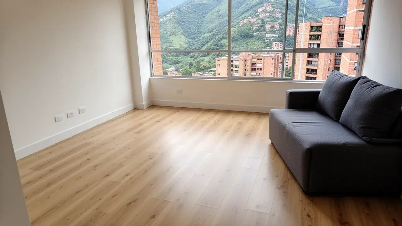Piso laminado tono roble claro en sala de apartamento