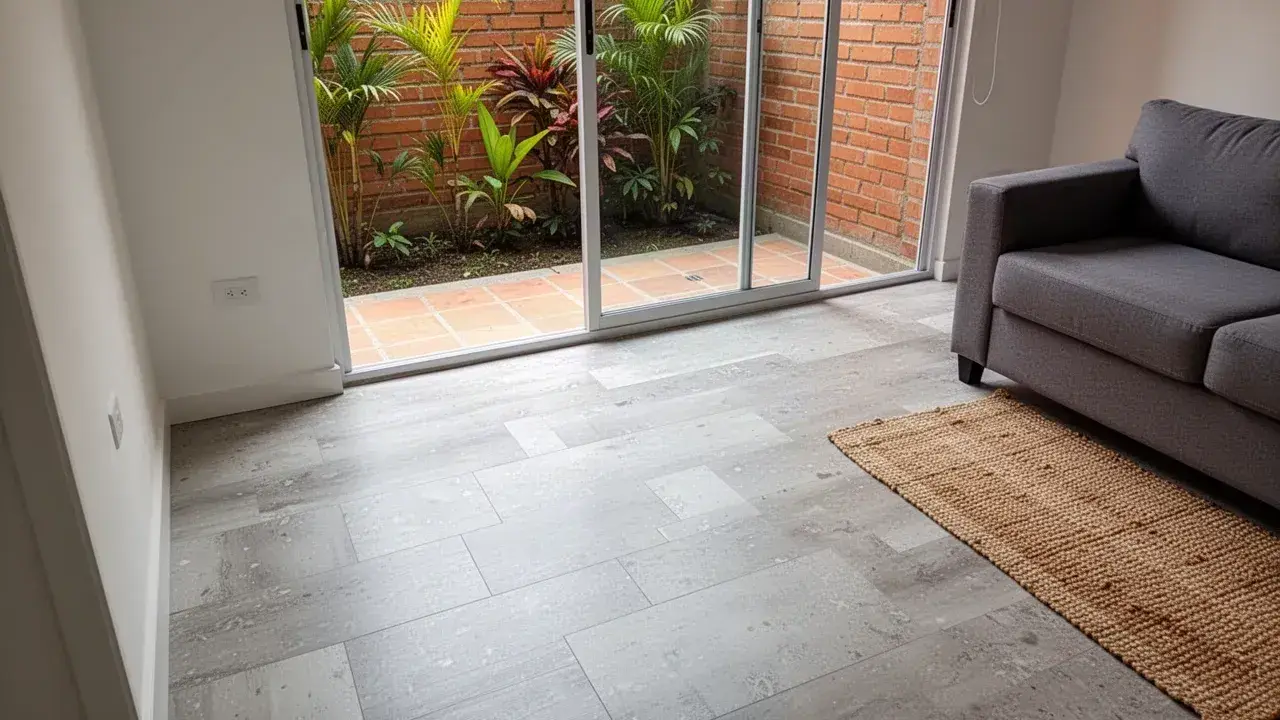 Piso SPC gris sobre barrera de humedad en apartamento