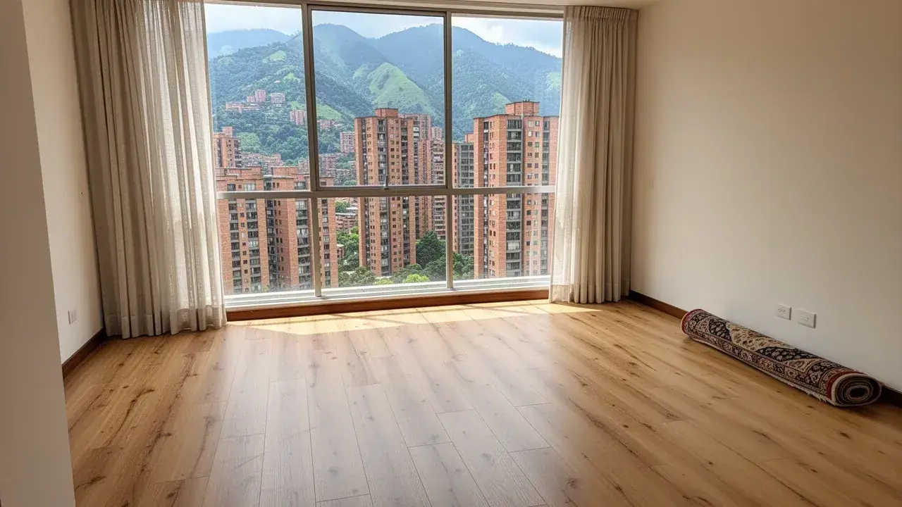 Piso SPC tono roble natural en sala con ventanal