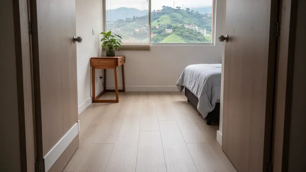 Piso vinílico click beige con zócalo blanco en habitación