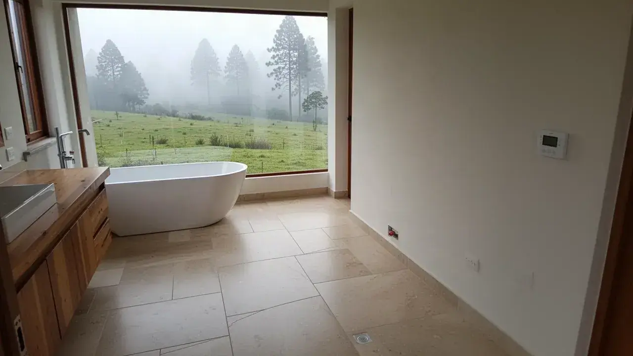 Porcelanato beige con piso radiante en baño de Llanogrande