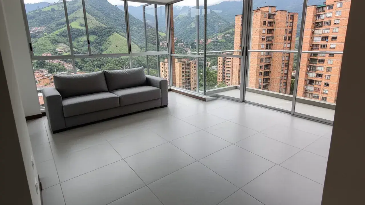 Porcelanato gris claro 60x120 instalado en sala de apartamento