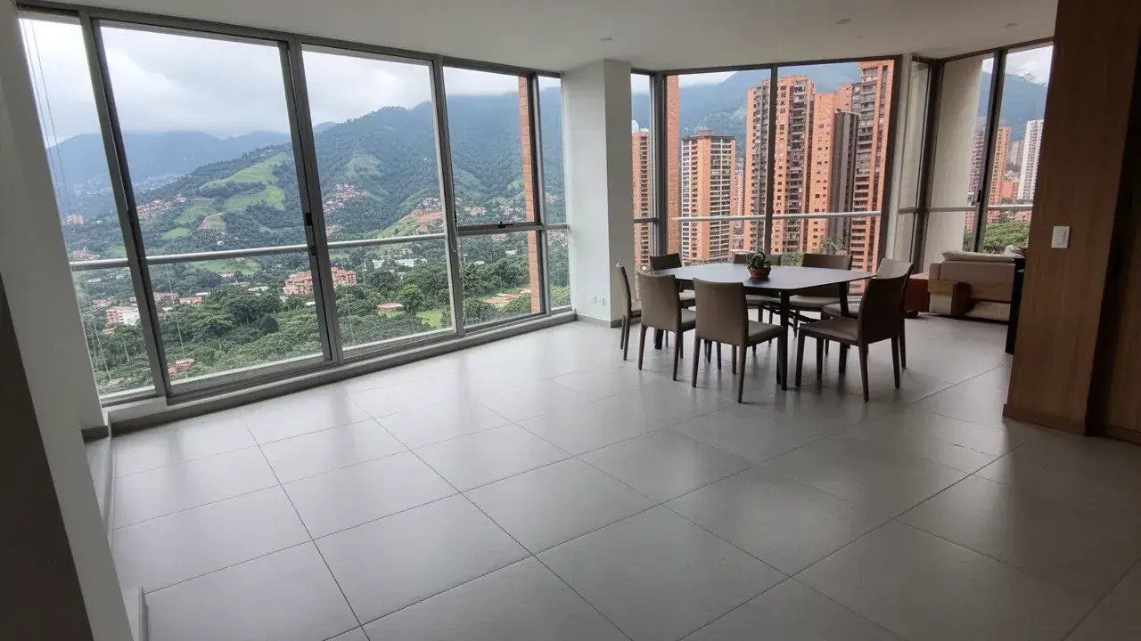Porcelanato gris gran formato en comedor de apartamento alto