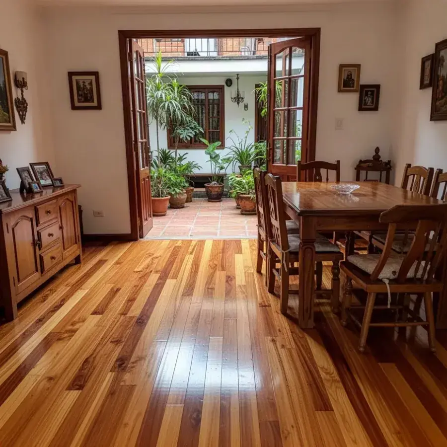 Tablas de madera maciza de chanul en comedor de casa