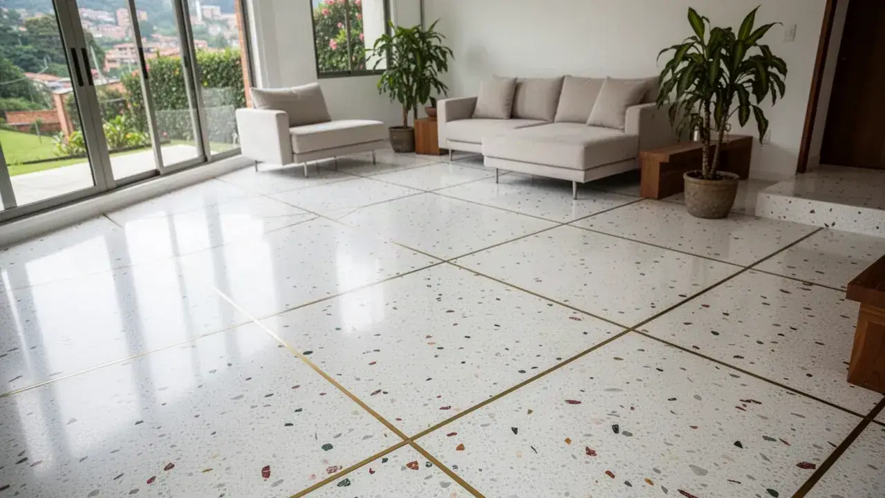 Terrazo blanco con juntas de bronce en sala