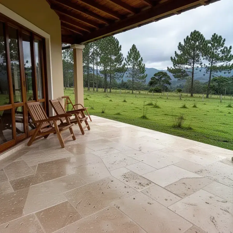 Travertino beige instalado en terraza de casa campestre